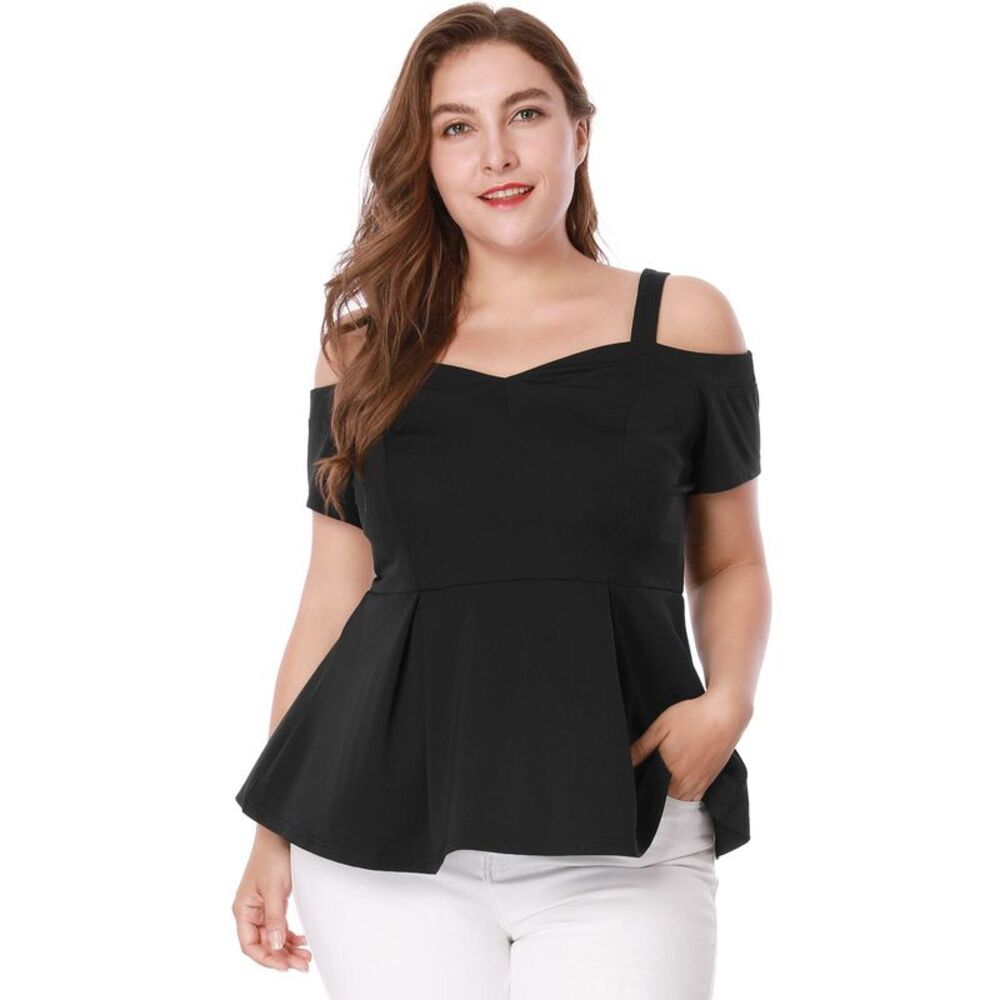 Women's Plus Size High Waist Sweetheart Cold Shoulder Peplum Top Black
